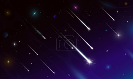 Téléchargez les illustrations : Des étoiles du ciel filantes avec des sentiers, des comètes spatiales en chute libre et des météores. Des astéroïdes vectoriels 3D réalistes, des bolides avec des traces lumineuses rayent dans le ciel nocturne. Boules de feu cosmiques, météores, météorites dans la galaxie - en licence libre de droit