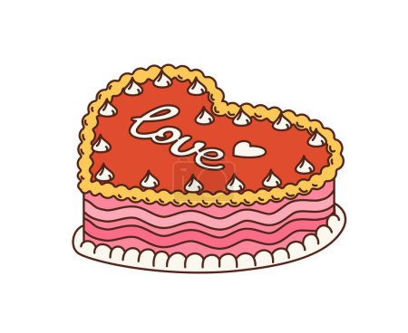 Téléchargez les illustrations : Dessin animé rétro hippie groovy amour gâteau ou coeur de tarte pour la Saint-Valentin ou mariage, icône vectorielle. 70s hippie et groovy gâteau de mariage dessin animé avec des cœurs d'amour pour l'autocollant d'amour et hipster t-shirt imprimé - en licence libre de droit