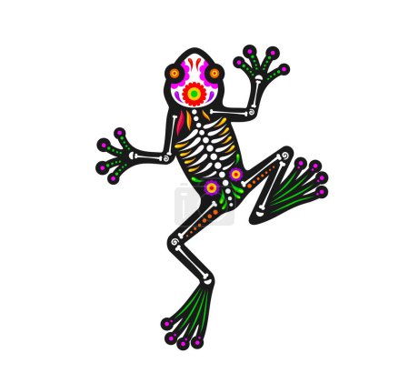 Mexican day of the dead frog animal sugar skull tattoo. Isolated vector Dia de los Muertos figure of toad amphibian with skeleton bones and floral pattern, exudes spirit of nature, fauna and wild life