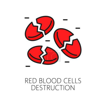 Illustration for Hematology, anemia disease symptom color line icon. Cardiology test, hematology medicine diagnose or cardiovascular disease treatment, anemia symptom outline vector icon with broken red blood cells - Royalty Free Image