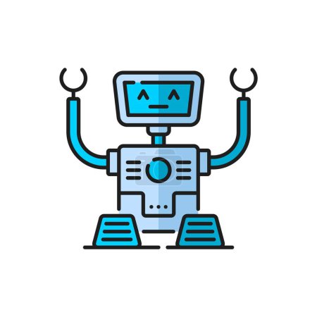 Illustration for Humanoid robot, alien retro droid, game futuristic virtual bot outline color icon. Humanoid bot, alien cyborg or AI chatbot droid, virtual assistant vintage android on tracks line vector symbol - Royalty Free Image