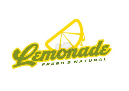 Lemonade drink icon, lemon fruit juice symbol. Isolated vector emblem for citrus natural beverage, refreshing cocktail or soda. Vibrant yellow lemon slice with colorful dripping drops and typography