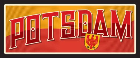 Potsdam ciudad en Alemania, Brandeburgo ciudad estatal alemana. Placa de viaje vectorial, letrero de estaño vintage, tarjeta postal de bienvenida retro o letrero. Tarjeta antigua con escudo de armas, escudo heráldico y bandera