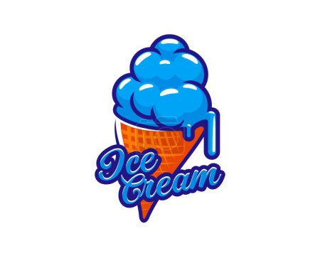 Ilustración de Postre de gelato, helado azul icono de cono de waffle. Emblema aislado vectorial con vibrantes cucharadas de comida de verano y gotas de fusión en una oblea crujiente. tentadora delicia congelada, refrescante refrigerio helado - Imagen libre de derechos