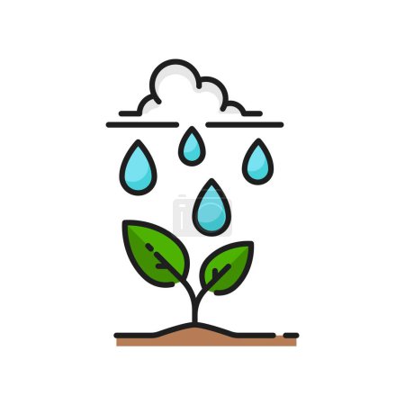 Illustration for Plant natural watering from rain, line icon of sprout or sprig with green leaves, vector outline symbol. Tree growth from seed in soil with natural watering, line icon for agriculture and agronomy - Royalty Free Image