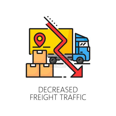 Decreased freight traffic color line icon, vector economic crisis, business and finance recession, bankruptcy, international trade drop. Outline delivery truck with down arrow graph and import cargo