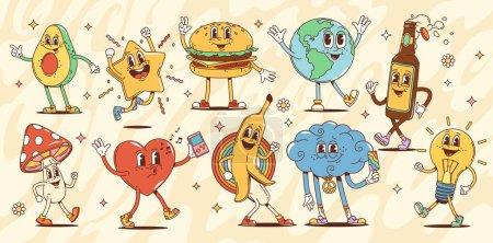 Photo for Cartoon groovy characters, mushroom and avocado, star and burger, globe and beer bottle, heart and banana, cloud and light bulb. Vector funky psychedelic personages in retro cartoon hippie 60s or 70s - Royalty Free Image