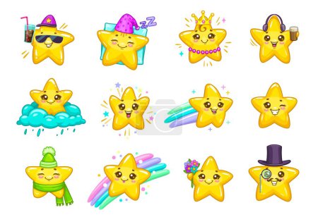 Ilustración de Dibujos animados lindas estrellas kawaii y personajes brillantes con sonrisas y caras felices. Emoticones de estrellas fugaces, guiñando y durmiendo con nube, arco iris, corona de oro de princesa, gafas de sol y flores - Imagen libre de derechos