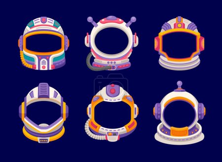 Téléchargez les illustrations : Photobooth kids astronaut space helmets. Cartoon vector set of cosmonaut or shuttle pilot costume headwear with glass visor and antenna. Protective wear for spaceman travel in open space or galaxy - en licence libre de droit