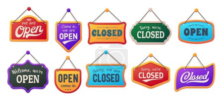Téléchargez les illustrations : Open and closed board signs, shop notice signboards for store door, vector banners. Modern or retro vintage hanging signs with Sorry We Are Closed and welcome open signboards in frames for shops - en licence libre de droit