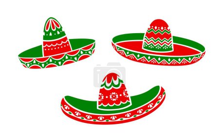 Téléchargez les illustrations : Chapeaux de sombrero mexicains isolés avec ornement ethnique pour les vacances ou la fiesta, icônes vectorielles. Culture mexicaine, tradition et décoration latine symboles d'art de chapeaux sombrero pour le carnaval ou festival de fiesta - en licence libre de droit