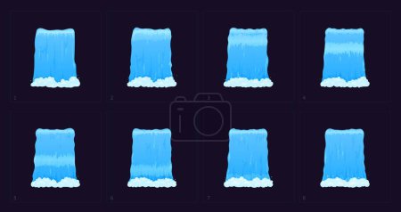 Wasserkaskade Wasserfall Sprite Blatt Animation. Cartoon-Vektor fallenden Aqua-Jets mit Tropfen für Spielbewegungseffekt. Sequenzrahmen, 2D-Liquid-Splash-animierte Designelemente, FX-Spritesheet-Ströme