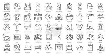 Photo for Hotel service icons, vector travel, tourism and vacation. Thin line room service breakfast, bed, bath and shower, hotel restaurant, reception, key and pool, luggage, bar, gym and passport symbols - Royalty Free Image