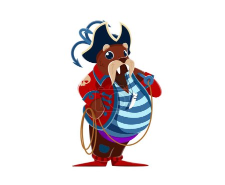 Illustration for Cartoon walrus animal boatswain pirate character, corsair seaman with grappling hook. Isolated vector morse personage, wear striped vest and filibuster attire, ready for boarding ships and robber loot - Royalty Free Image