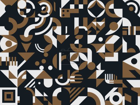 Illustration for Black, golden and white abstract modern geometric pattern, vector background. Mosaic tile pattern with simple geometric shapes, forms and figure elements in retro art style minimal background - Royalty Free Image