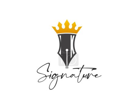 Illustration for Quill icon, feather pen. Law, notary office or writer signature symbol with gold regal crown. Isolated vector sign of professionalism, authority, business contract, notes, justice or company identity - Royalty Free Image
