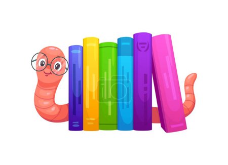 Illustration for Cartoon funny bookworm character with books. Cute worm or caterpillar animal vector personage with glasses and happy smile. Earthworm insect nerd character of education, library and reading themes - Royalty Free Image