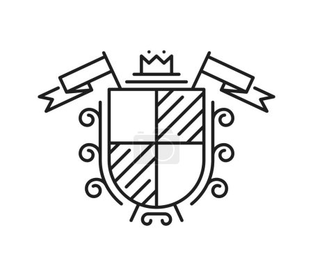 Ilustración de Línea medieval símbolo de escudo de armas heráldica. Esquema vectorial aislado emblema de identidad para caballeros y familias nobles, exhibido en escudo con banderas y corona, que representa el linaje, honor o alianza - Imagen libre de derechos