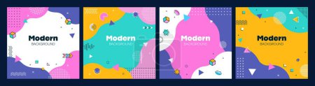 Photo for Modern aesthetic geometric Memphis banners. Vector square backgrounds or cards with vibrant colors, bold, irregular shapes and playful patterns. Social media templates, cover, colorful retro design - Royalty Free Image