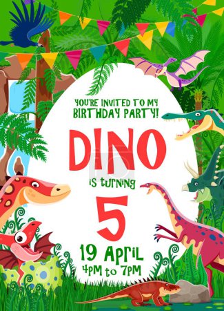 Photo for Kids birthday party flyer with funny dinosaur characters and pennant on tropical trees. Vector invitation celebration poster with Jurassic period dinos offering fun, games, and prehistoric adventures - Royalty Free Image