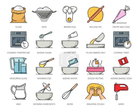 Ilustración de Color hogar panadería y pastelería iconos, símbolos de cocina de la línea de vectores horno para hornear alimentos, harina y masa, utensilios de cocina y utensilios. Huevos, cuchara, tazón, batidor y mezclador, tamiz, rodillo y bolsa de pastelería - Imagen libre de derechos