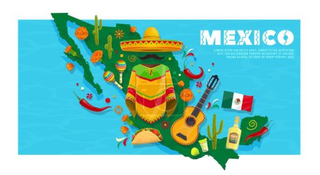 Reisen Sie Mexiko-Karte mit nationalen Elementen. Vektorländergeografische Grenze mit Sombrero, Schnurrbart, Poncho und Maracas, Flagge, Tacos, Tequila und Jalapeño-Pfeffer. Ringelblumen, Kakteen, Gitarre und Linde