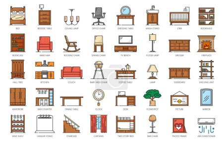 Ilustración de Iconos de muebles de color, interior del hogar y decoración de la habitación. Sofá de línea delgada vectorial, silla, cama y mesa, armario, sofá, sillón y conjunto de objetos de escritorio. Esquema de armario, espejo, librería, estantes y lámpara - Imagen libre de derechos