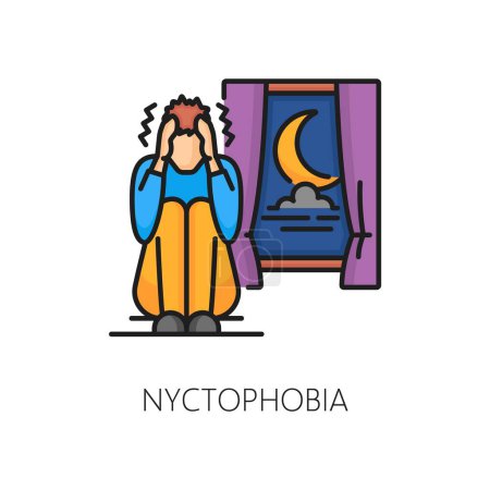 Illustration for Psychology problem, nyctophobia phobia, mental anxiety outline color icon. People psychology fear, mental disorder or anxiety thin line vector symbol. Phobia linear icon with man scared of darkness - Royalty Free Image