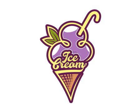 Ilustración de Helado púrpura waffle cono icono de postre de gelato para signo de gelatería, emblema de vector. Helado púrpura tres cucharadas en cono de oblea con signo de letras de texto para helado italiano o menú de café helado - Imagen libre de derechos