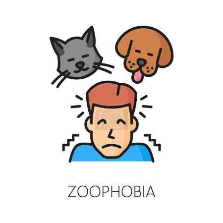 Illustration for Human phobia or anxiety, psychology, zoophobia mental problem line color icon. Mental disorder, phobia or animals fear outline vector sign. Psychology problem outline sign with man scared of pets - Royalty Free Image