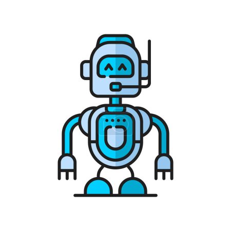 Ilustración de Retro androide, robot humanoide juego, alien futurista bot virtual delgada línea de color icono. Robótica tecnología humanoide robot, futuro droide, helpdesk o centro de llamadas bot virtual con icono de vector de micrófono - Imagen libre de derechos