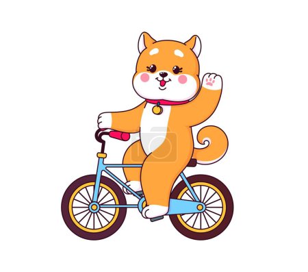 Ilustración de Caricatura japonesa kawaii shiba inu perro personaje en la bicicleta. Vector aislado divertido y lindo personaje de cachorro de Japón equilibrando la bicicleta alegremente mientras pedalea a su manera y agitando una pata con una sonrisa - Imagen libre de derechos