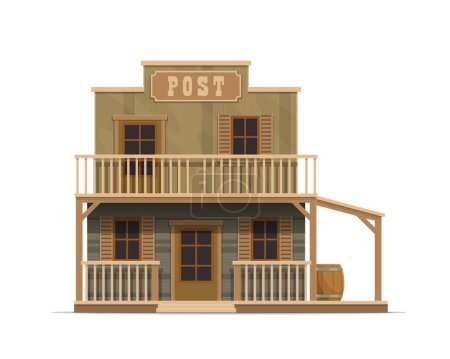 Photo for Western post office building or Wild West town and old wooden architecture, cartoon vector. Postal office in Western wood house with signage, Wild West American country house of Texas or Arizona - Royalty Free Image