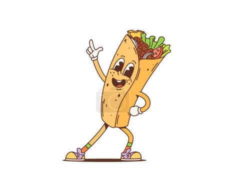 Cartoon Retro Shawarma groovy Charakter tanzen energisch, bewegt und gestikuliert zum funky Beat der Disco-Musik. Isolierte Vektor Burrito komische Fastfood-Persönlichkeit, nostalgische Shawarma-Tänzerin