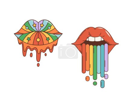 Photo for Cartoon retro hippie groovy woman lips with rainbow tongue, vector 70s pop art. Groovy kiss lips with rainbow colors liquid melt drips and stars, 1970s pop art or hippie and hipster cartoon sticker - Royalty Free Image