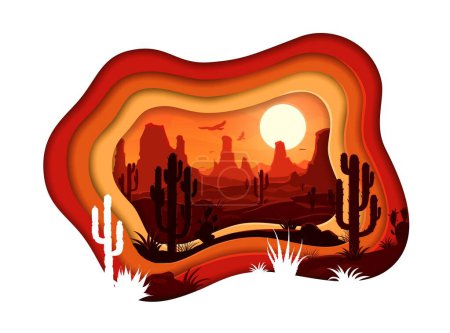 Illustration for Mexican desert landscape in paper cut shape with cactus and mountains, vector background. Mexico, Texas or Arizona desert valley with canyon rocks, flying eagles and sun in sky in paper cut layers - Royalty Free Image