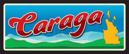 Caraga administrative region, Philippines territory landscape with mountains. Vector travel plate, vintage tin sign, retro welcome postcard or signboard. Old card or magnet with map of area