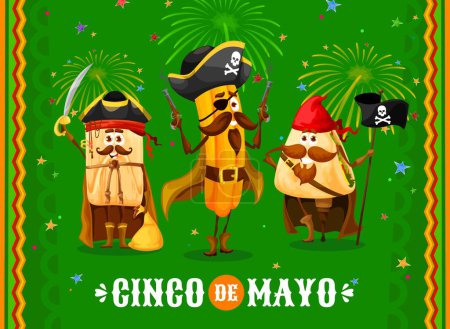 Cinco de Mayo holiday banner with Tex Mex Mexican cuisine pirate characters, cartoon vector. Quesadilla pirate in tricorn hat, churro corsair and tamale captain filibuster for Cinco de Mayo fiesta