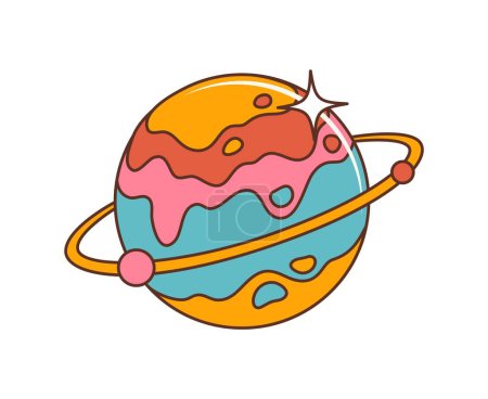 Illustration for Space planet cartoon retro hippie groovy symbol, evokes a blend of nostalgia and futurism, featuring stylized ring of orbit and psychedelic colors, encapsulating vintage vibes of cosmic exploration - Royalty Free Image