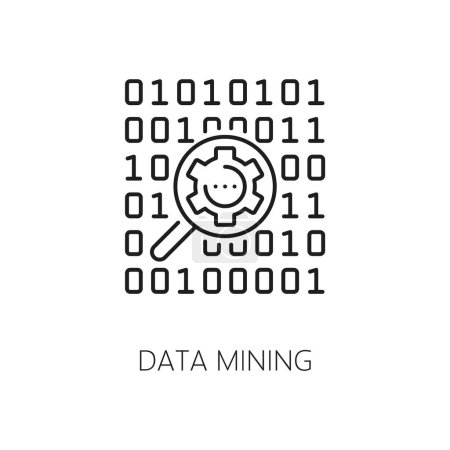 Machine learning, AI artificial intelligence data mining algorithm icon. Artificial intelligence science, AI data analysis digital innovation line vector symbol with binary code and magnifying glass