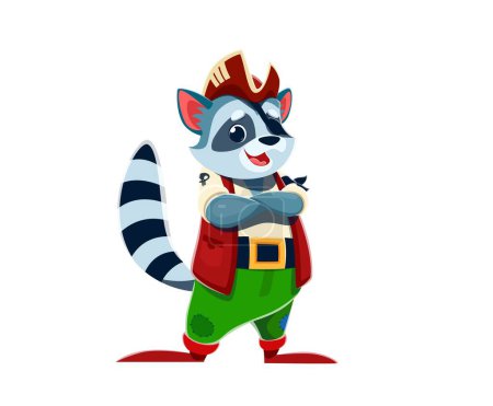 Téléchargez les illustrations : Cartoon raccoon animal boatswain pirate corsair character. Isolated vector cute coon personage with cocked hat and a cunning grin, stand with crossed arms, ready for adventurous woodland escapades - en licence libre de droit