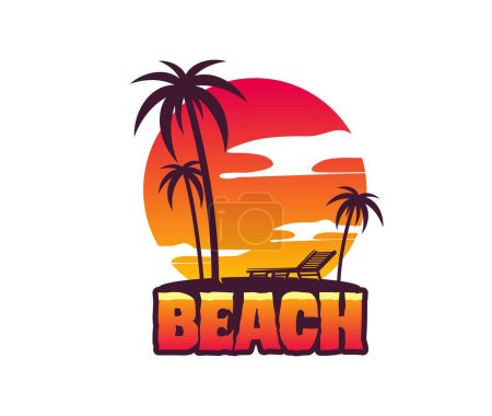 Ilustración de Icono de playa tropical de verano aislado con palmeras y tumbonas, emblema vectorial. Paradise Island Resort, evento de fiesta en la playa o bar club insignia del festival de música con cielo al atardecer y silueta de palmeras - Imagen libre de derechos