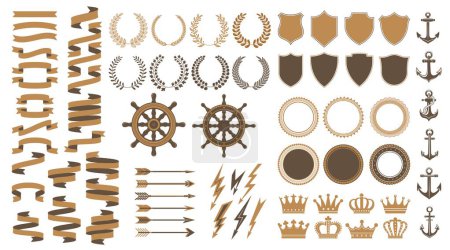 Illustration for Vintage Medieval heraldic elements and royal marine heraldry, vector laurels and crowns. Heraldic icons of ship helm with anchor and shield with arrow, lightning and ribbon for heraldry badge seals - Royalty Free Image