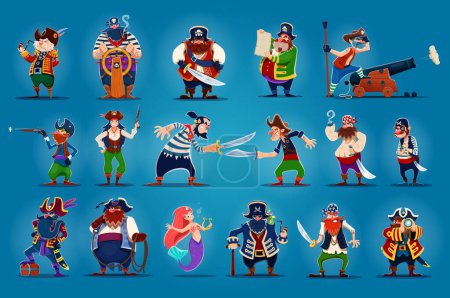 Ilustración de Dibujos animados capitán pirata, sirena y corsario marinero personajes conjunto. Lindos piratas, bucaneros y filibusteros, hombres y mujeres divertidos personajes con sombreros negros, parches para los ojos, espadas y armas, gancho y mapa - Imagen libre de derechos