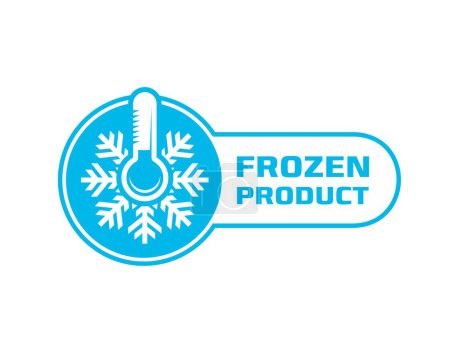 Illustration for Frozen food product icon, ice crystal label or badge. Isolated vector sticker, features snowflake or frost and thermometer symbol for packages or frosty cold preservation items in blue or white colors - Royalty Free Image