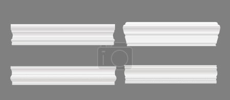 Wall skirting baseboard or molding and interior moulding cornice, realistic vector. White wall skirting or house ledge trim molding for ceiling border panels and molding board frieze of plaster stucco