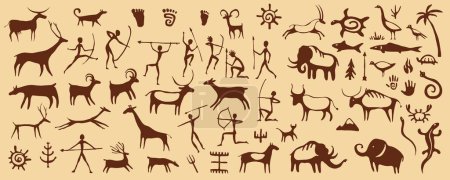 Photo for Prehistoric cave paintings, ancient art on rock wall. Stone vector background with caveman paintings, primitive brown symbols of hunters, tribe people and animals, deers, mammoth, spears and fire - Royalty Free Image