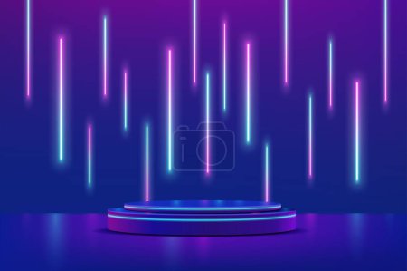 Photo for 3D neon podium stage with pedestal and LED lights and platform, vector product display. Podium with round pedestal and neon glow blue and purple lights for showroom or studio showcase background - Royalty Free Image