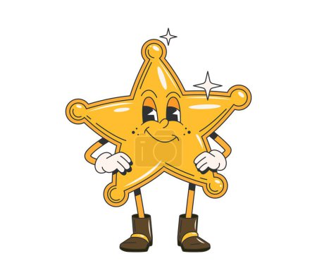 Illustration for Cartoon retro groovy wild west sheriff star character gleam with confident swagger ready to uphold justice in the Western frontier. Isolated vector golden sheriff star badge personage with arms akimbo - Royalty Free Image