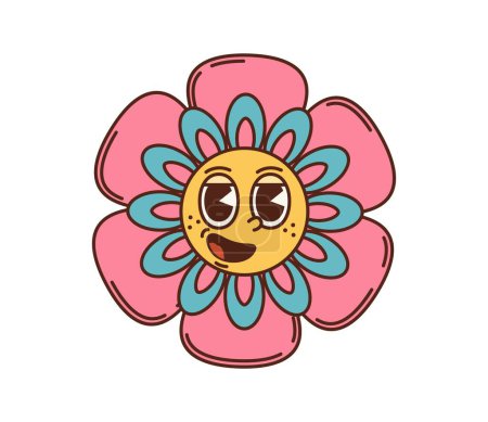 Illustration for Cartoon retro groovy flower. Isolated vector vibrant, psychedelic daisy featuring vintage-styled swirling and colorful petals. Pink summer garden bloom evoking the spirit of 60s and 70s counterculture - Royalty Free Image
